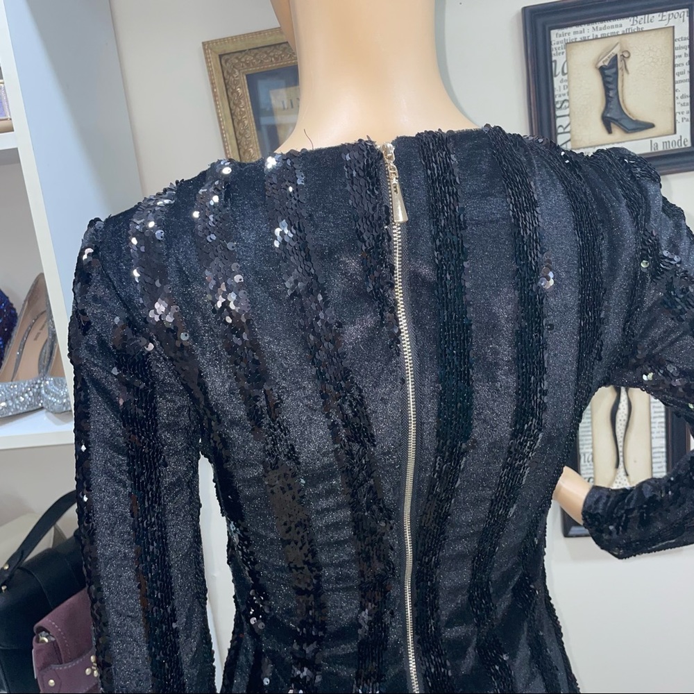 Xtaren NWT! Black Velvet Sequin Striped Chain Long Sleeve Stretchy Mini Dress - Picture 6 of 14